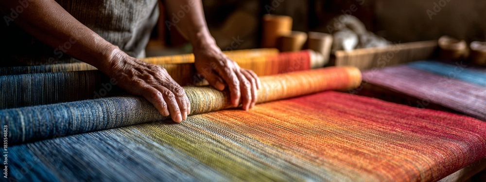 Fototapeta premium Artisan Examines Colorful Woven Fabric Texture During Textile Creation Process in a Workshop