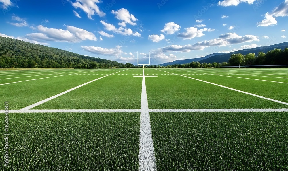 Obraz premium Wide angle view of empty green american football field under bright blue sky
