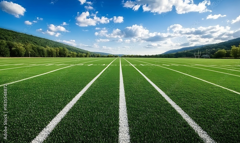Fototapeta premium Green american football field with white yard lines extending into distance