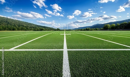 Wallpaper Mural Wide angle view of empty green american football field under bright blue sky Torontodigital.ca