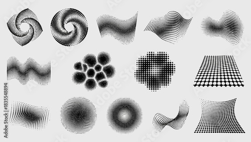 Abstract Spiral and Vortex Icon Set Featuring Dot-Based Rotational Patterns – Ideal for Scientific Visualization, Motion Graphics, and Conceptual Design in Physics, Data Art, and Pattern Recognition