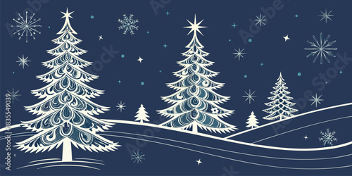 Three Christmas trees standing in the snow, decorated with white stars, beneath a sky filled with stars, with a large bright star shining above.