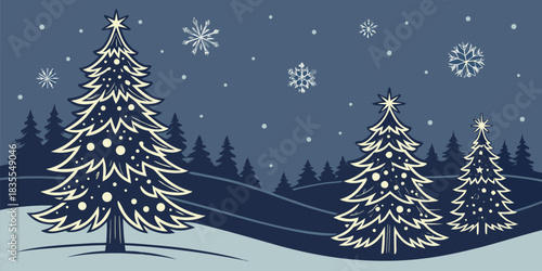 Christmas trees standing in the snow, decorated with white stars, beneath a breathtaking night sky with one large, brilliant star.