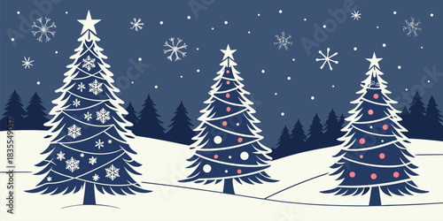 A peaceful snow field with three Christmas trees adorned with white stars, under a dark sky filled with stars and one bright star.