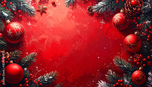 Top-down view of a red Christmas background with baubles, pine branches and berries forming a festive frame, perfect for holiday greeting cards, banners and seasonal ads.