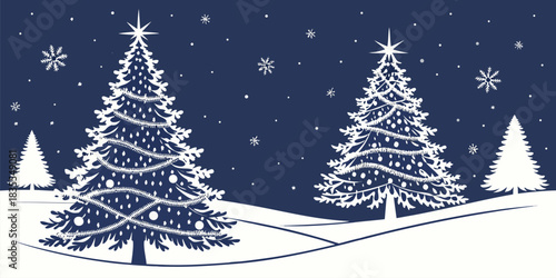 Three Christmas trees in a snowy field, adorned with white stars, beneath a night sky with countless small stars and one large, bright star.