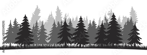 Pine Trees Silhouettes Vector Illustration Featuring Evergreen Coniferous Forest Shapes, Nature Spruce Tree Landscape Views, and Woodland Elements for Outdoor Design and Scenic Background Projects