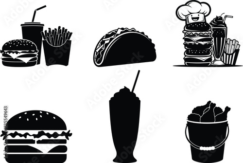 Hand drawn fast food icons in black and white