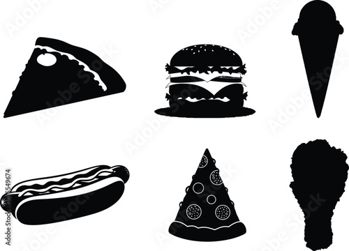 Black and white food icons pizza burger ice cream and hotdog