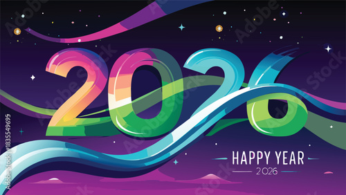 Northern lights typography? Happy New Year 2026? made of flowing aurora borealis ribbons, vibrant green-purple gradients, and starry arctic nights