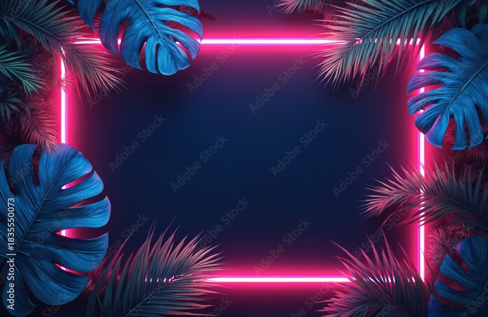 Obraz premium Tropical leaves in blue, green illumination. Neon pink lights form frame. Dark background with exotic palm trees, monstera leaves. Creative space for text, design elements. Modern graphic