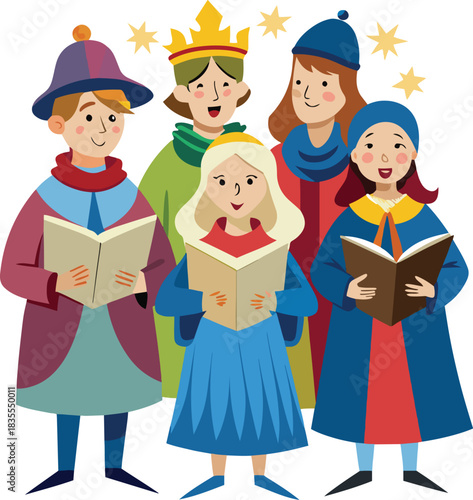 a group of children dressed as wise men and carolers singing