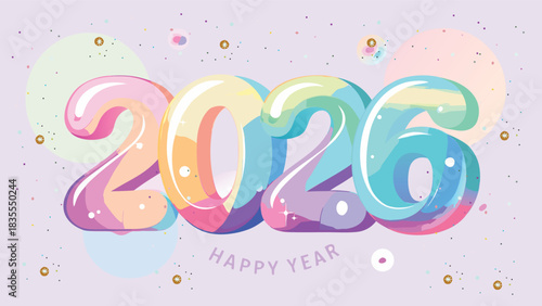 Playful bubble typography? Happy New Year 2026? made of iridescent soap bubbles, rainbow film interference colors, soft pastel background, gentle studio light