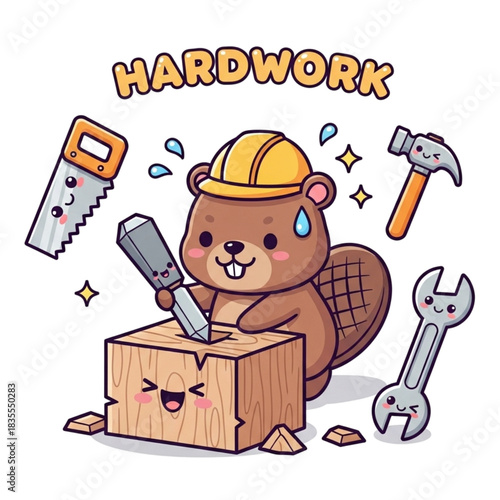 Adorable beaver character woodworking hard with tools and helmet, perfect for kids' books, educational projects, and fun cartoon designs, scalable vector graphic