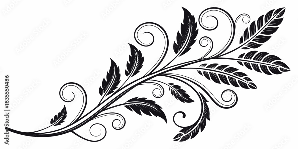 Fototapeta premium elegant vector flourish elements with stylized leaves and swirling branches in vintage monochrome style.