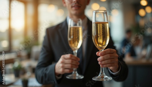 Businessman in suit holds two champagne flutes, ready for a toast. Celebrating success at a corporate event or party. Luxury and elegance in a festive setting.