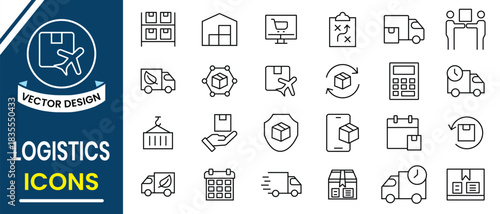Logistics icon set. Delivery and Logistic line icon symbol collection. Supply chain, value chain, logistic, shipping, transportation, delivery, manufacturing, commerce. Vector iullustration.