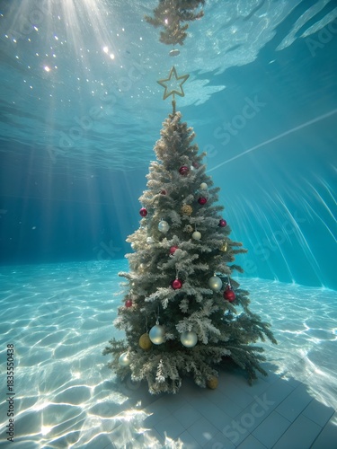 Decorated Christmas Tree Submerged in a Clear Blue Swimming Pool
