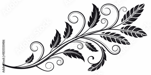 elegant vector flourish elements with stylized leaves and swirling branches in vintage monochrome style.
