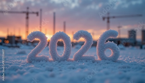 Frosty 2026 numbers made of snow on a cold winter morning with a construction site and cranes in the background at sunrise, symbolizing new beginnings and future development photo