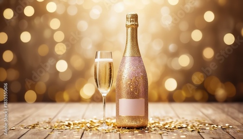 Glittery champagne bottle and glass on wooden table. Gold confetti scattered for festive celebration. Elegant bokeh lights create a luxurious atmosphere.