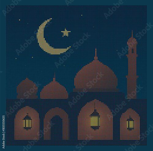 Stipple halftone mosque domes and arches with glowing lanterns. Crescent moon and star in night sky. Geometric dot mosaic vector design for Ramadan or Eid holiday poster.