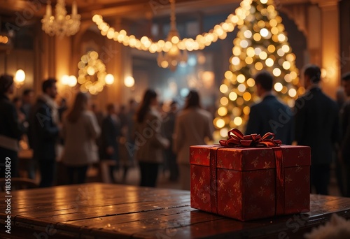 Red christmas gift box on a wooden table at a festive dinner party with blurred people in the background