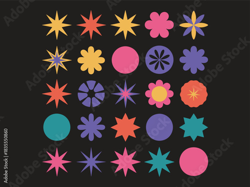 Vivid star and flower pattern with bold color on a black background creates a playful mood