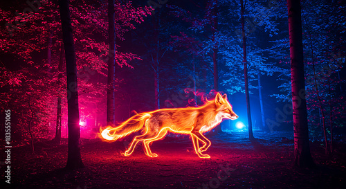 Neon Fox Walking Through a Forest