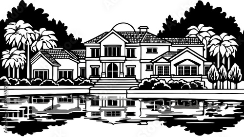 Very beautiful sunset glow illuminates luxurious lakeside estates surrounded by lush green trees, peaceful water reflections, and elegant architectural layouts within an exclusive suburban community.