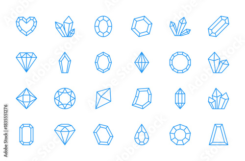 Diamond & crystal blue line icon set. Jewel sign. Brilliant symbol. Precious stone, gemstone. Editable stroke. Vector illustration. Isolated on a white background. Different shapes. Flat design.