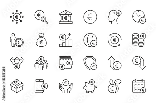Euro icon set. Currency, money, finance, bank, profit, income, money bag, roi, exchange, savings, piggy bank, wallet, credit, financial, etc. Vector illustration. Isolated on a white background.