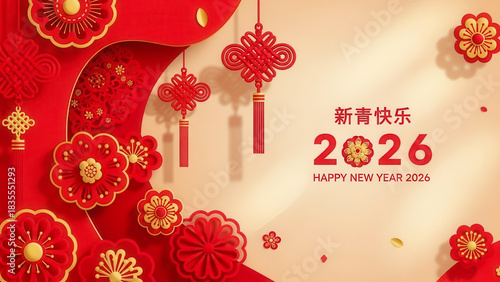Festive red chinese new year decorations and 2026 lunar new year greeting with chinese characters