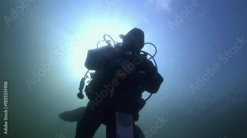 Wallpaper Mural Observe a diver's silhouette as they explore the depths. Sunbeams illuminate the cold waters of the White Sea during their expedition. Torontodigital.ca