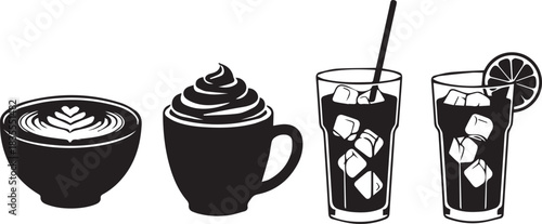 Collection of black silhouette coffee and drink icons on white background