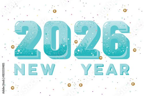 Sandblasted glass letters? Happy New Year 2026, with frosted texture, soft cyan backlight glow, subtle condensation droplets