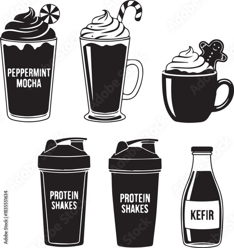 Collection of silhouette drinks including coffee shakes and kefir