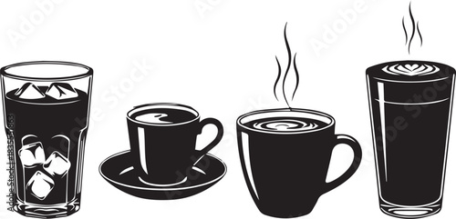 Hand drawn coffee cups and iced drinks on white background