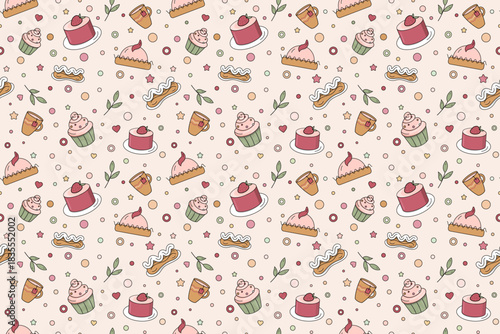Seamless vector pattern with cute desserts, cupcakes, cakes, eclairs and coffee cups. Hand-drawn sweet food background for packaging, textiles, wrapping paper and cafe branding