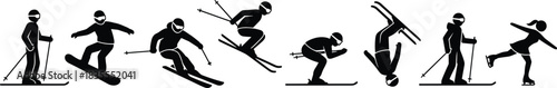Collection of Winter Sports Activity Icon Set Vector: Skiing, Snowboarding, Figure Skating and Freestyle Skiing Silhouette Pictograms for Event or Web