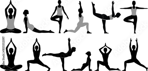 Collection of black and gray yoga pose silhouettes on white background exercise fitness