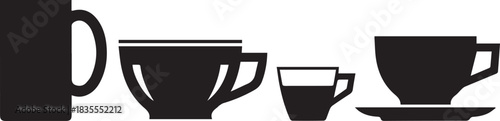 Collection of black silhouette coffee cups and mugs on white background