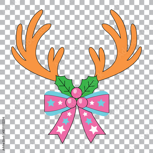 Cute Cartoon Reindeer Antlers with a Brightly Colored Pink and Blue Bow Decorated with Stars and Holly Berries for Christmas Designs.