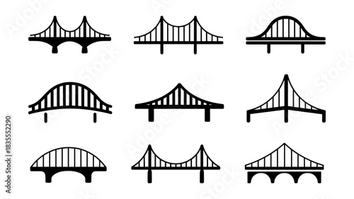 Collection of Nine Black Bridge Icons on White Background