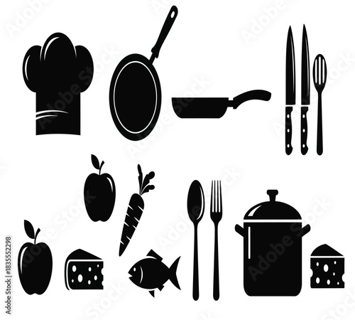 A comprehensive set of black silhouette icons featuring essential kitchen tools, cooking utensils, and fresh food ingredients for culinary projects.