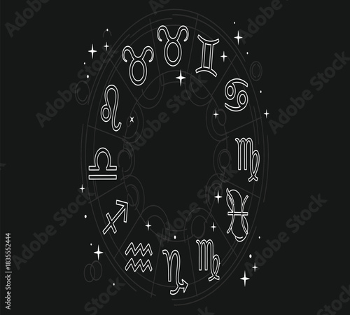 A complete circle of all twelve zodiac constellation signs, subtly adorned with celestial elements. Ideal for astrology, horoscopes, spirituality, and destiny themes.