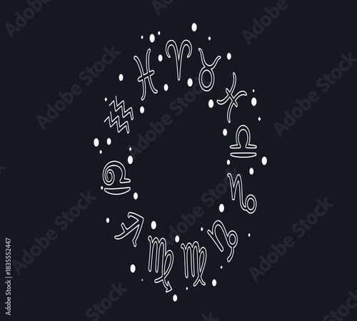 An elegant vector illustration featuring all twelve astrological zodiac signs arranged in a mystical circle, surrounded by sparkling star-like elements. Perfect for horoscopes, spirituality, and cosmi