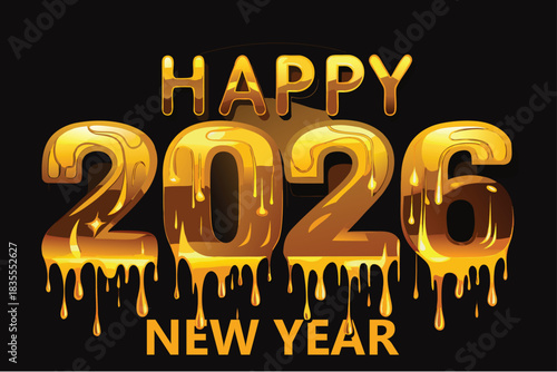 Happy New Year 2026 in luxurious liquid gold typography dripping slowly, perfect mirror reflections, velvet black background, warm spotlight from above, and a photorealistic molten metal texture
