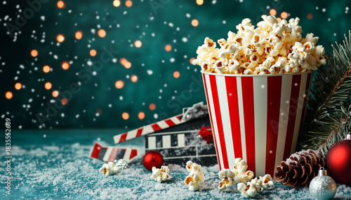 Popcorn in striped red cup with Christmas decorations and snowy background