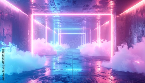 Fototapeta Naklejka Na Ścianę i Meble -  Futuristic 3D Rendered Abstract Background of a Neon Light Tunnel with Smoky Fog and Vibrant Reflections